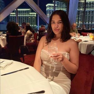 FashionNova Ruched Mini Dress-Beige and White